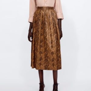 Zara Snake Skin Faux Leather Pleated Midi Skirt